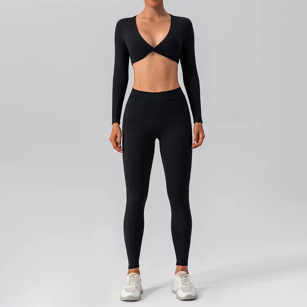 Joyyoung Wholesale 2 Piece High Waist V Back Leggings with Sexy Tops Sportswear Workout Clothing Gym Fitness Sets for Woman