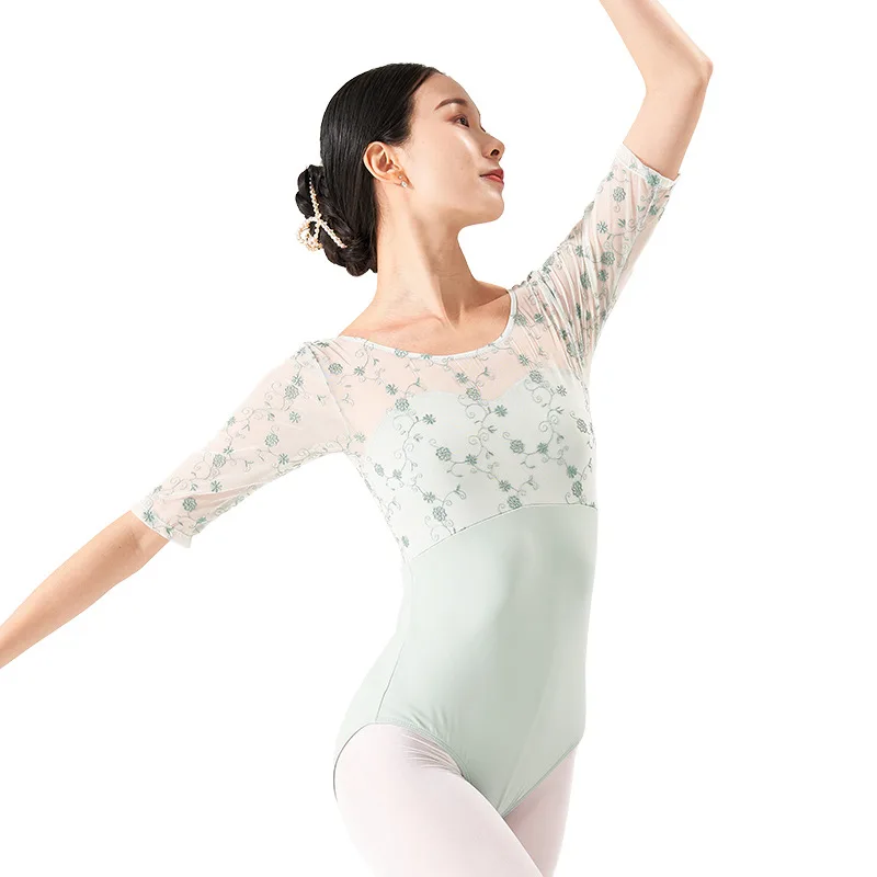 Ballet Leotards Women Dance Costume Short Sleeve Lace Printing Nylon Leotard Adult Ballerina Clothes Pink Dance Wear Swimsuit