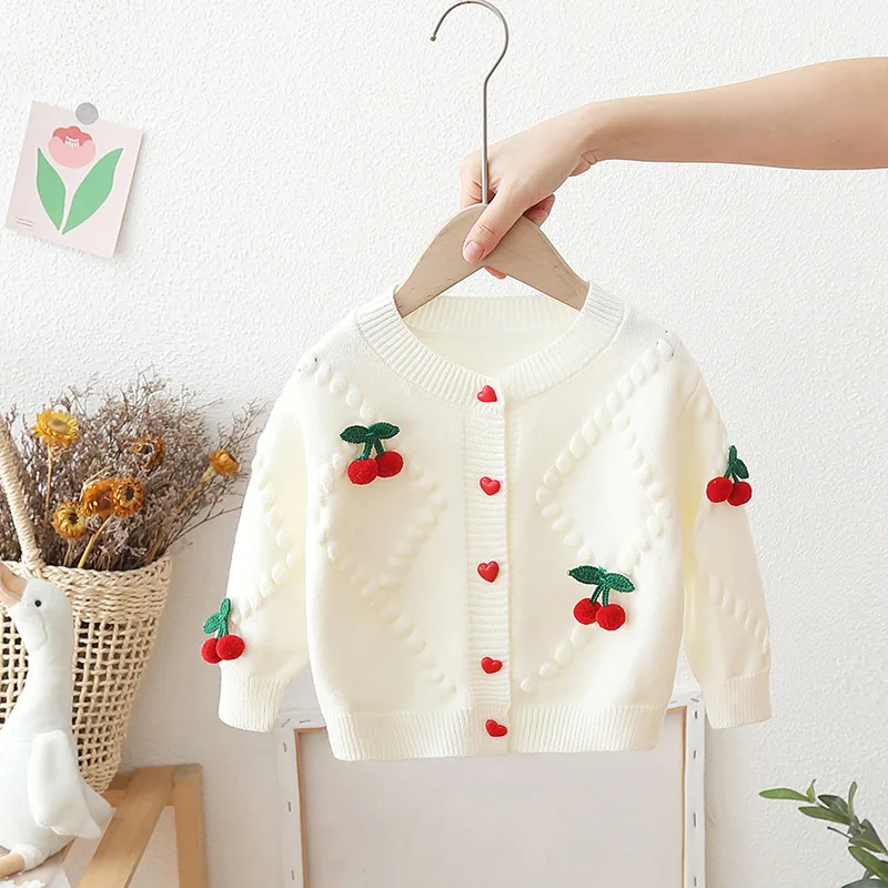 Autumn New Baby Wool Jacket Cute Pullover with Cherry Pattern Outfit Knitted Warm Top Cardigan For Girls With Heart Button