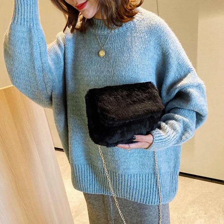 2020 Wholesale winter fluffy faux fur shoulder bags women fur tote handbags ladies winter purse handbags with chain