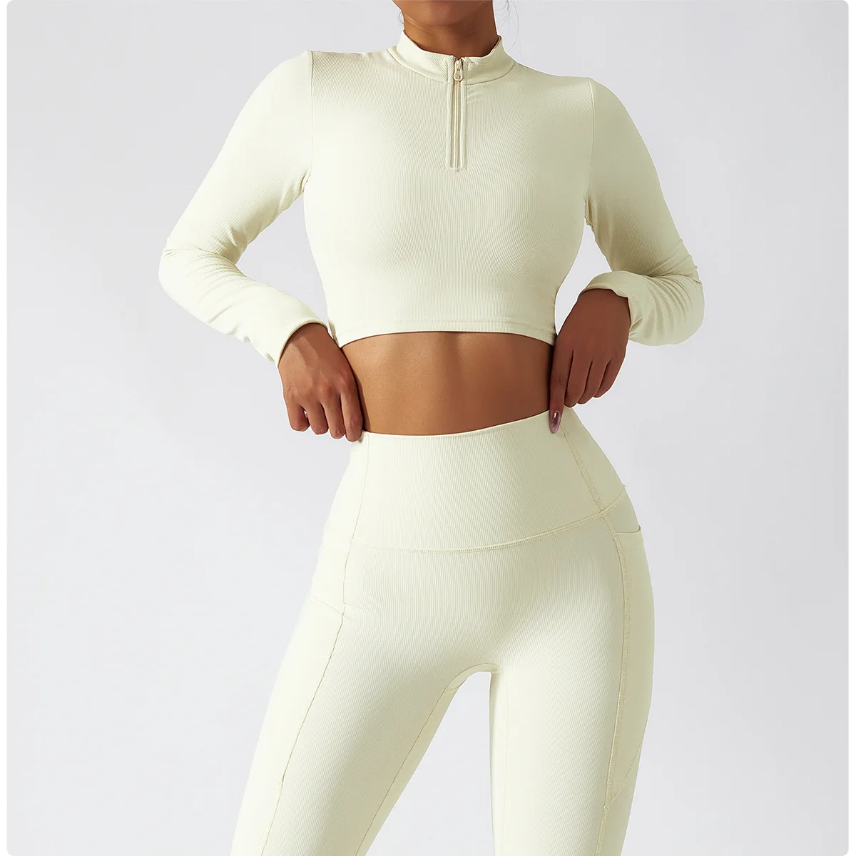 YHT NEW Zip Long Sleeve Yoga Set For Women Training Fitness Wear Tight Running Sports Workout Suit