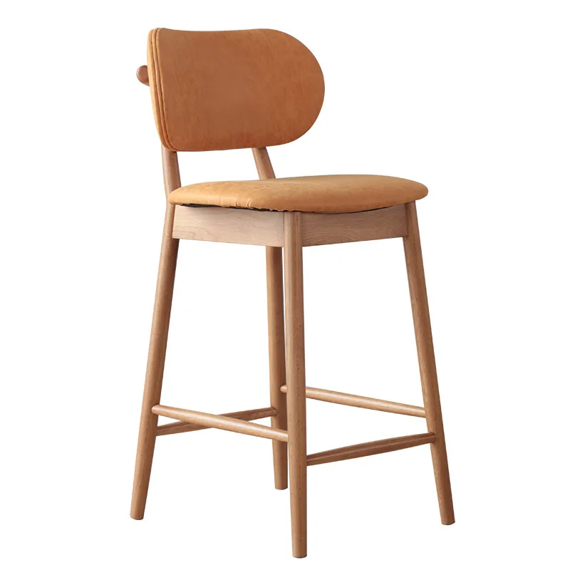Japanese retro style solid wood bar chair home modern minimalist leather backrest high leg bar stool