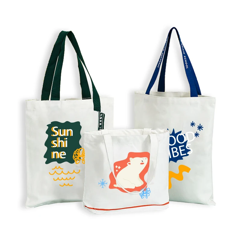 16oz thick cartoons black cotton canvas shopping tote bag oem custom print logo high quality with pouch