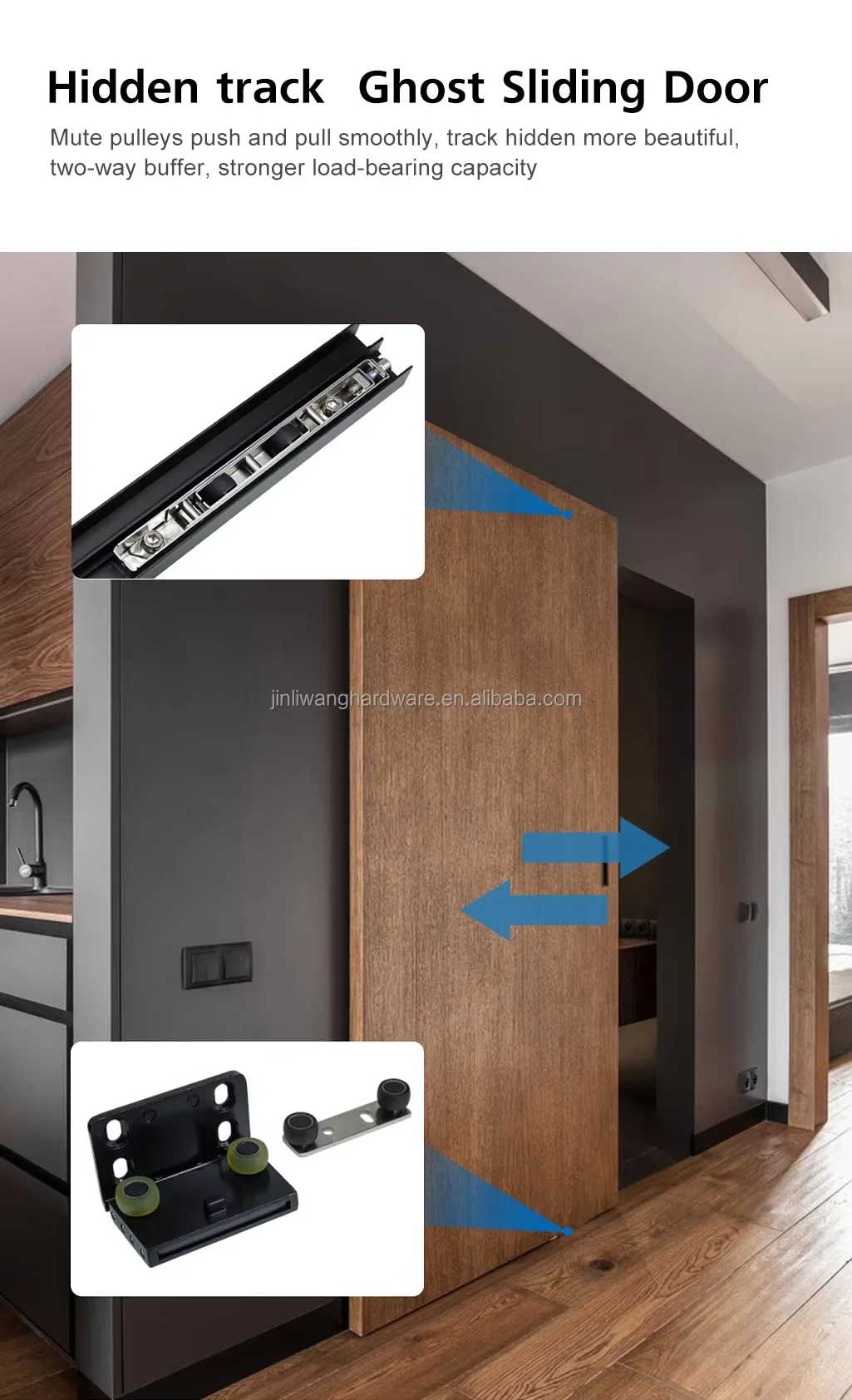 Solid Wooden Sliding Style Invisible Slide Accessories Hardware Doors System Profile Tracks Modern Ghost Door