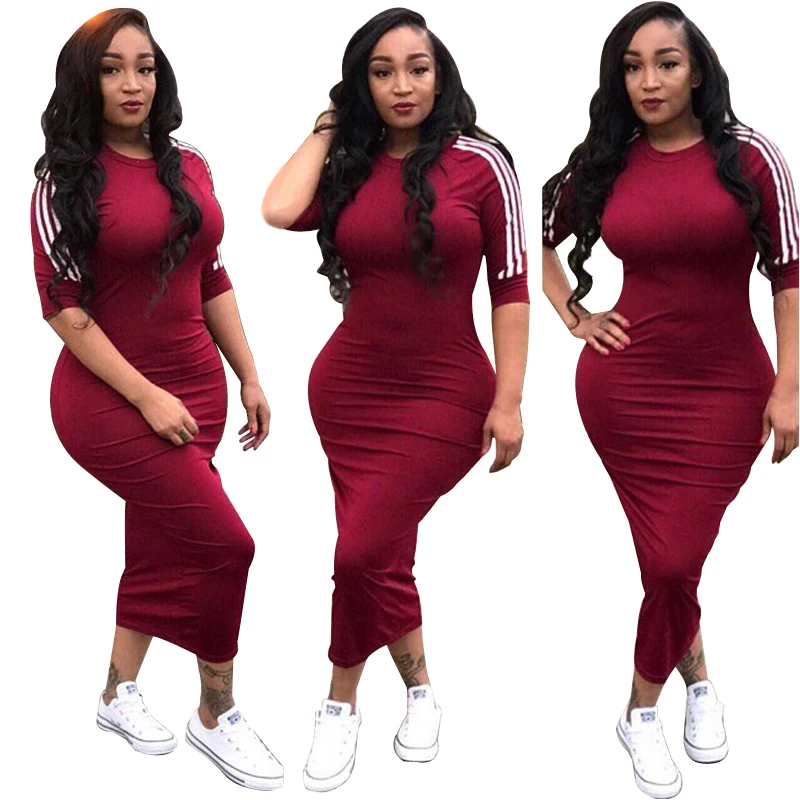 03058221-New Women Clothes Round Neck Short Sleeve Striped Skinny Solid Color Dress Womens Casual Dresses