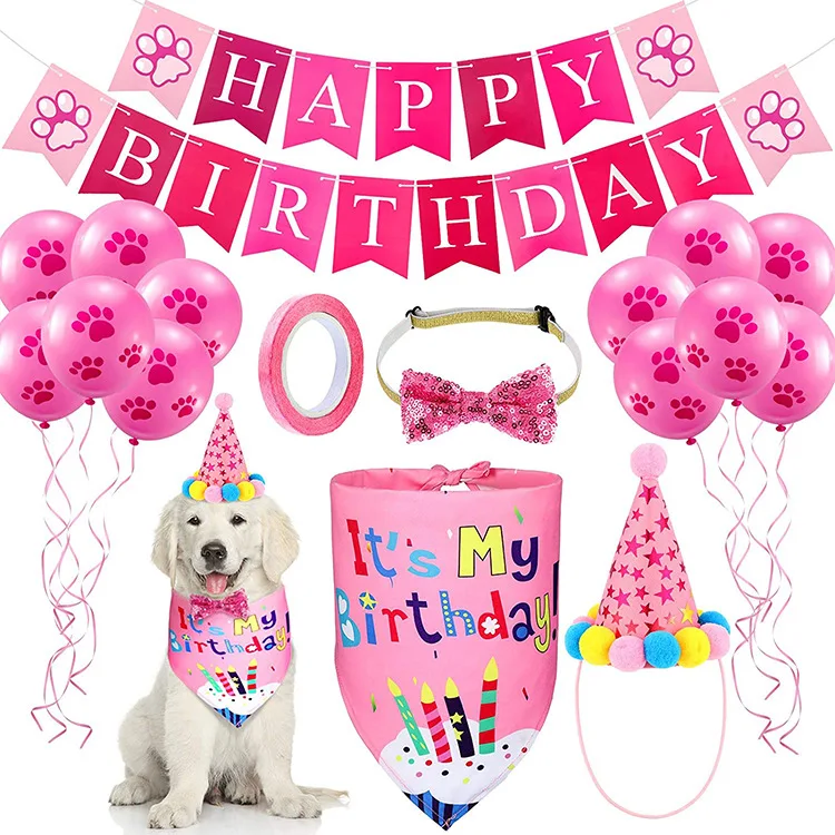 Pet Dog Birthday Party Accessories Pet Birthday Party Supplies Banner Pull Flag Birthday Hat Dog Paw Balloons Saliva Bow Tie