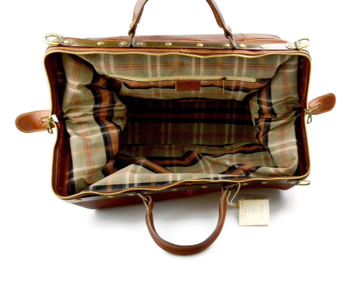 Leather Weekender Suitcase Leather Travel Bag with Trolley Brown Airplane Carry On