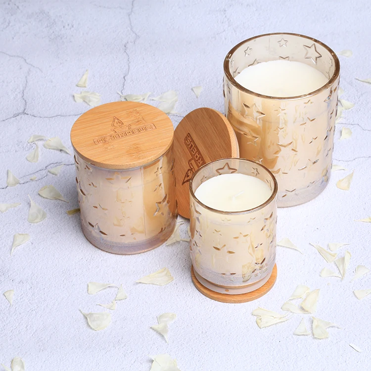 Home Decoration Soy Wax Embossed Star Glass Candle Fresh And Safe Material Scented Round Cup Glass Candle