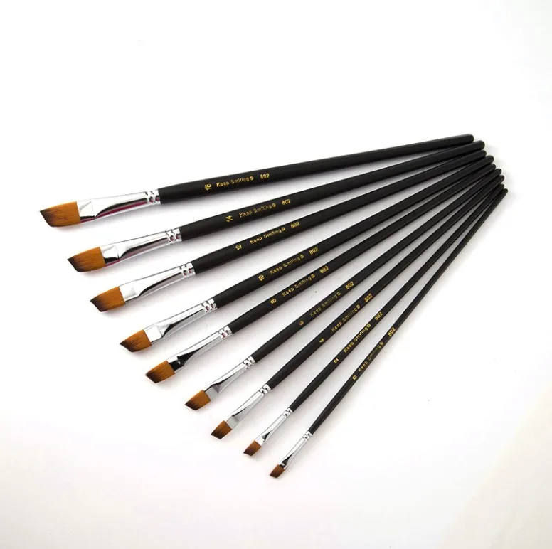 9pcs Long Rod Black Matt Nylon Wool Oblique Head for Watercolor Acrylic Oil Painting