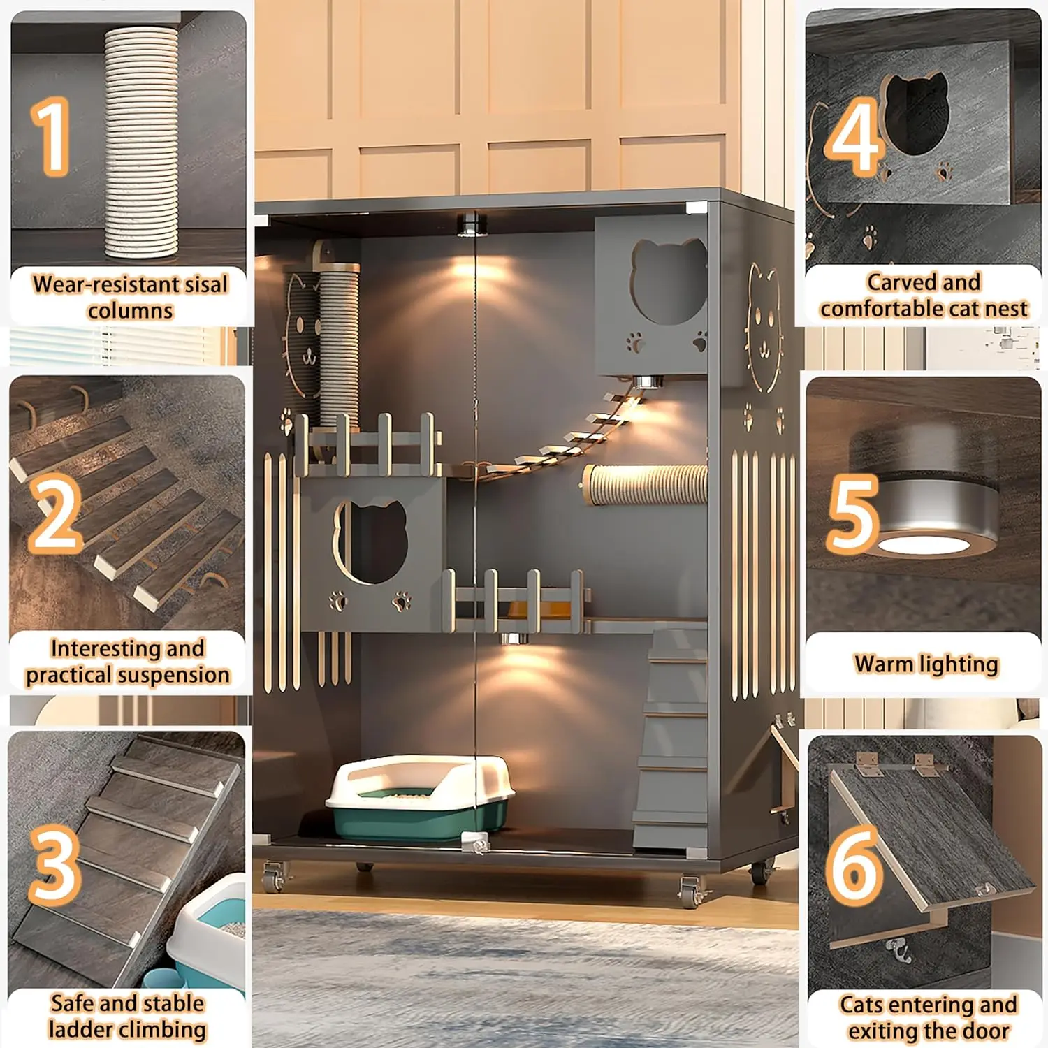 Fast Shipping Large Space Pet Cage Multi-Feature Enclosed Cat Condo Wooden Pet House Cat with Scratching Post Wheels