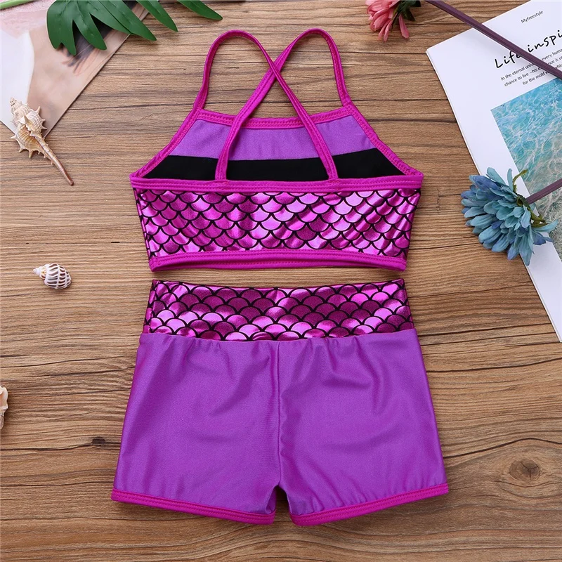 Kids Girl Tankini Suit Sequins Mermaid Scales Crop Top with Shorts Set for Gymnastics Leotard Workout Ballet Party Dance Wear