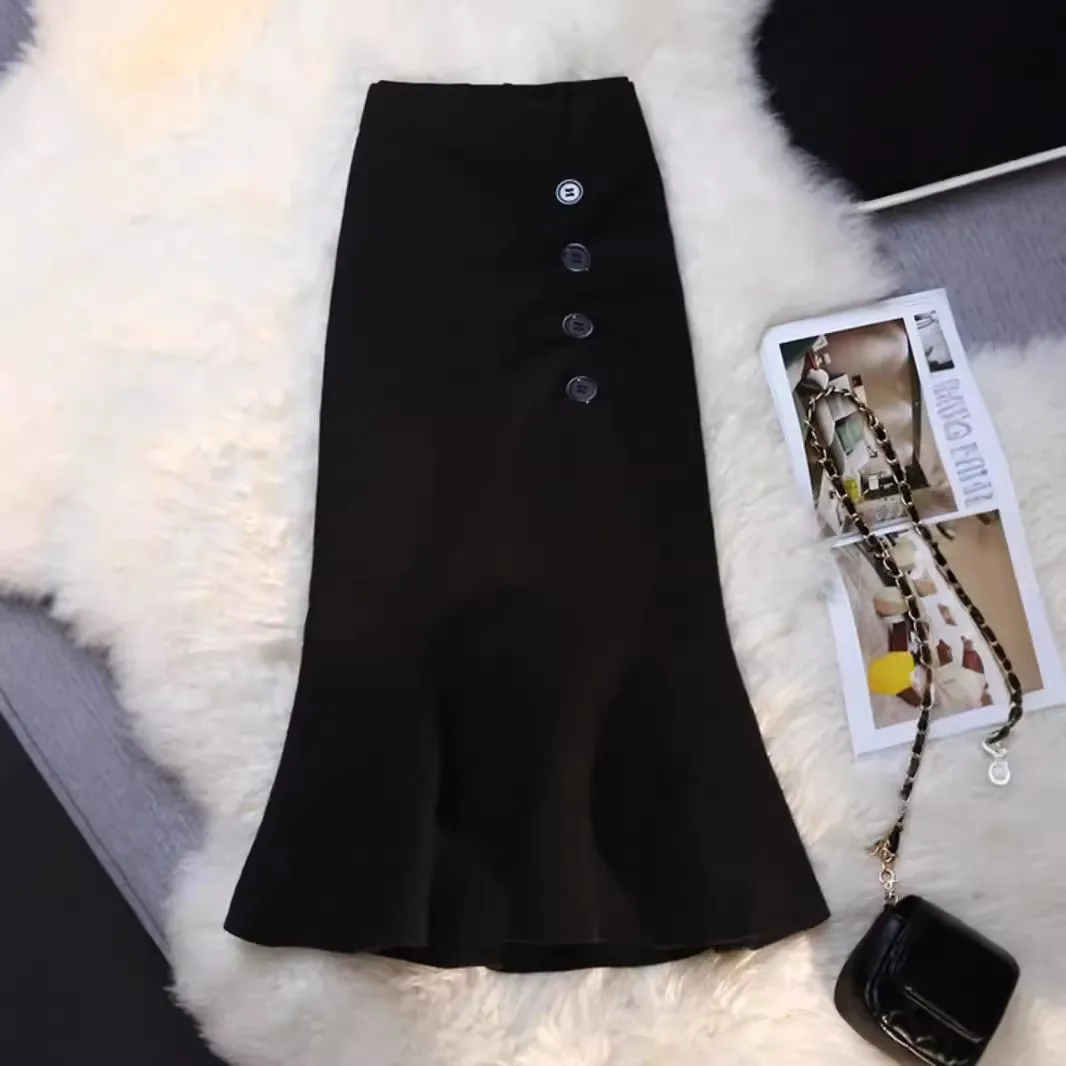 2024 Single Breasted Long Maxi Skirt For Women Plus Size XS 3XL Mermaid Style Stretch Ladies Black And Blue Skirts