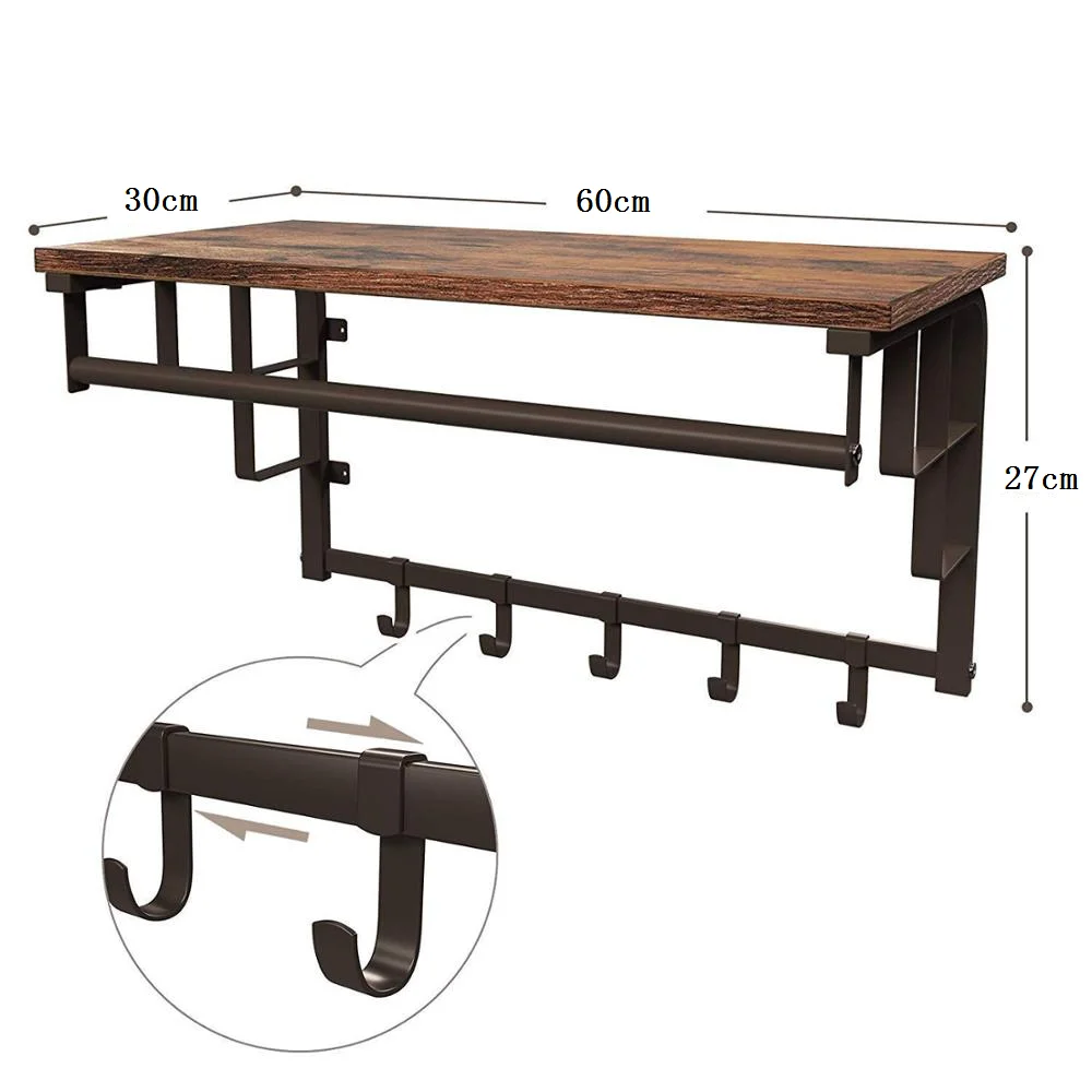 Jiuhe Entryway Hallway Bedroom Bathroom Living Room Customized Vintage Wooden Rustic Towel Floating Wall Mounted Coat Rack Shelf