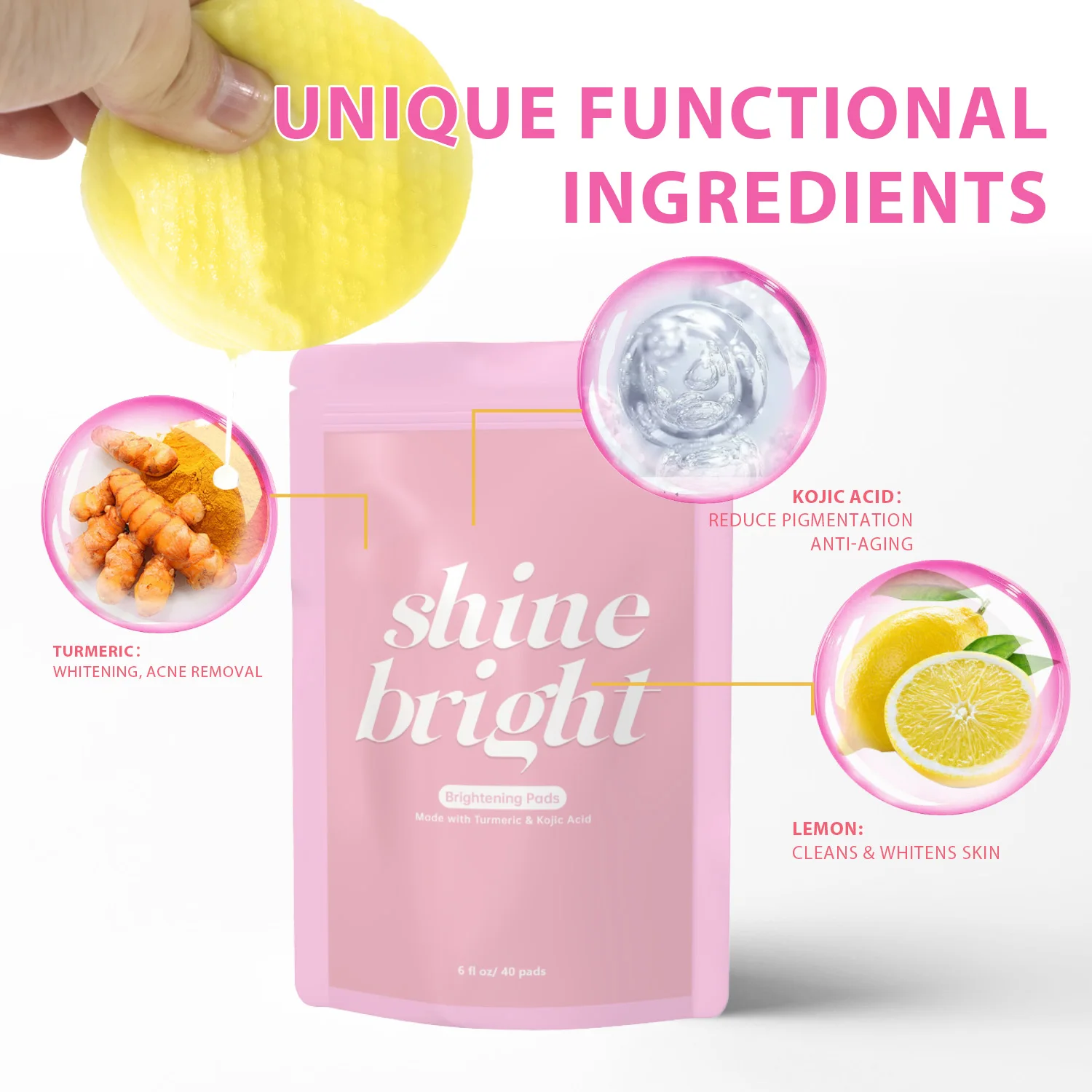 Customized Private Label Facial Care Natural Skin Brightening Kojic Acid Turmeric Cleansing Pads For 40 Pads