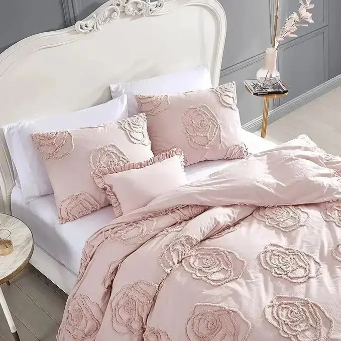Luxury Light Pink Tufted Duvet Cover Set Cotton Bedding with Matching Sham All Season Home Decor Quilt Cover