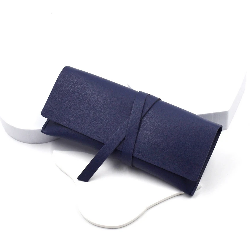 blue PU leather glasses case with strap closure
