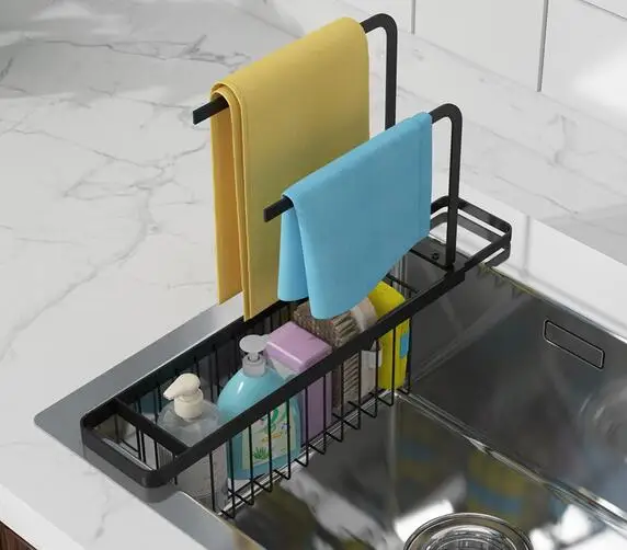 New Expandable Telescopic Sink Storage Drain Rack Kitchen Rack Sink Organizer Basket Sponge Holder with Dish Dishcloth Rack
