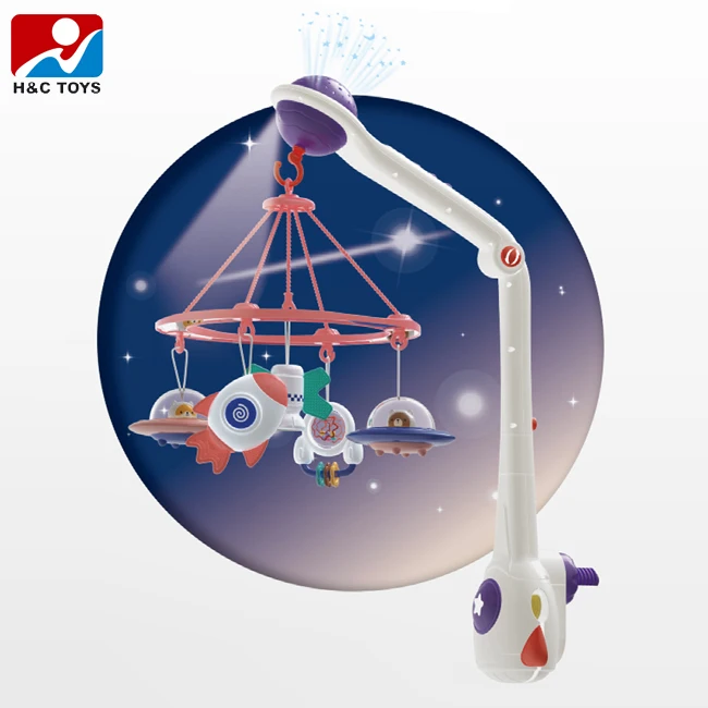 Newest remote control space hanging pendant bed bell toy with light and music adjustable lifting baby crib mobile