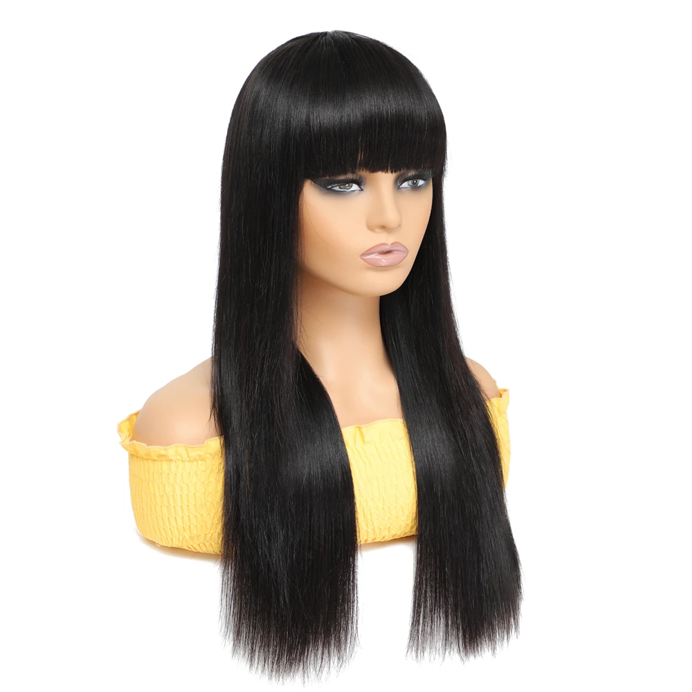 Straight Human Hair Wig With Bangs 100% Human Hair Wigs Full Machine Made Wigs 210% Density  For Black Women