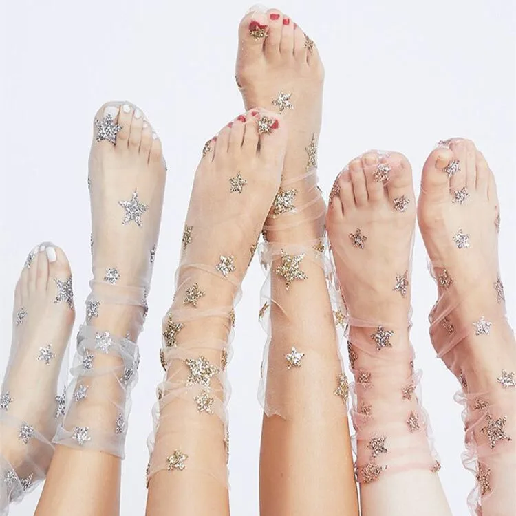 Summer Fashion Candy Color Thin Mesh Tulle Ankle Socks Transparent Elastic Mesh Shiny Stars Moon Fishnet Socks