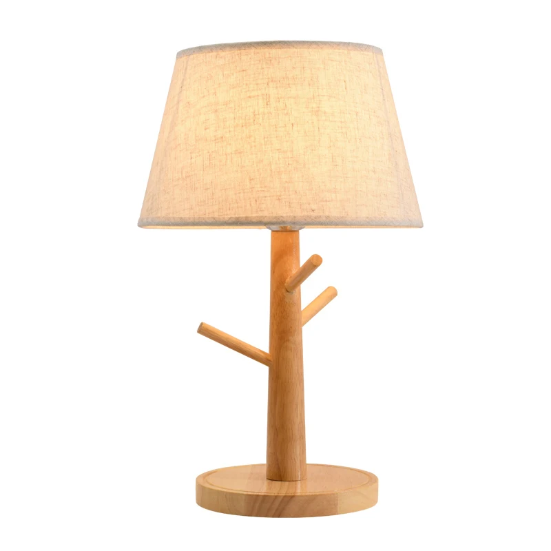 Nordic Simple Tree Design Solid Wood Fabric Lampshade Bed Bedside Lamp Table Light Portable