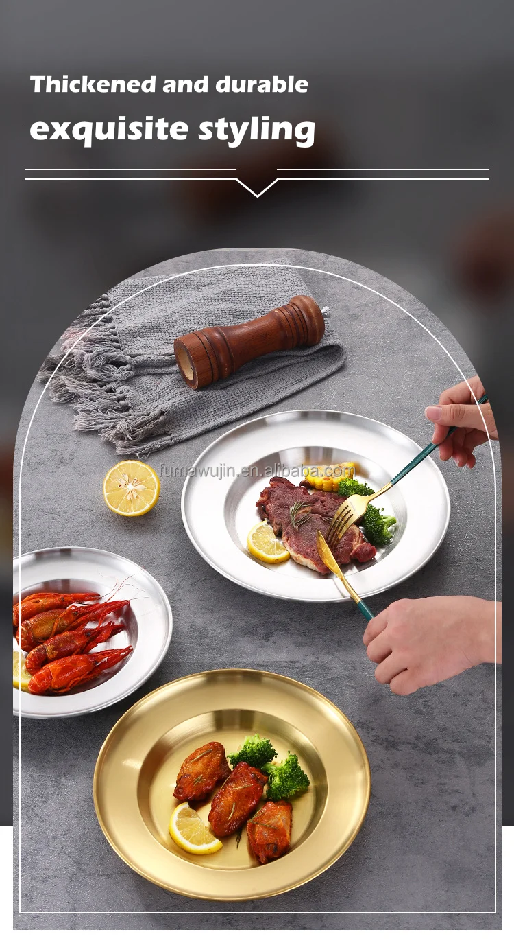 Luxury cutlery set stainless steel silver gold color hotel plates dishes with deep bottom metal plates for food