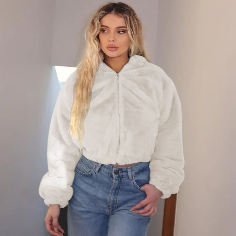 2023 Autumn New Fashion Cardigan Zipper Hooded Plush Long Sleeve Woolen Fur Warm Jacket Coat For Women