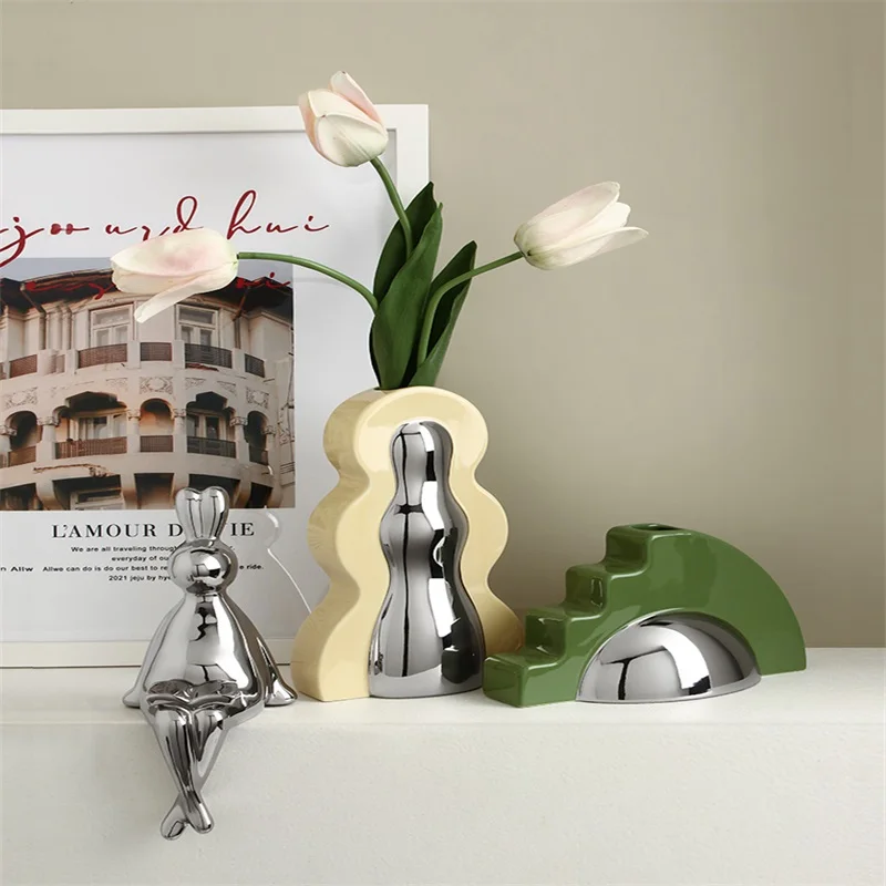 Memphis Contrast Ceramic Vase Silver Plated Yellow Flower Vases Decor Other Home Decor Christmas Gift Valentines Day