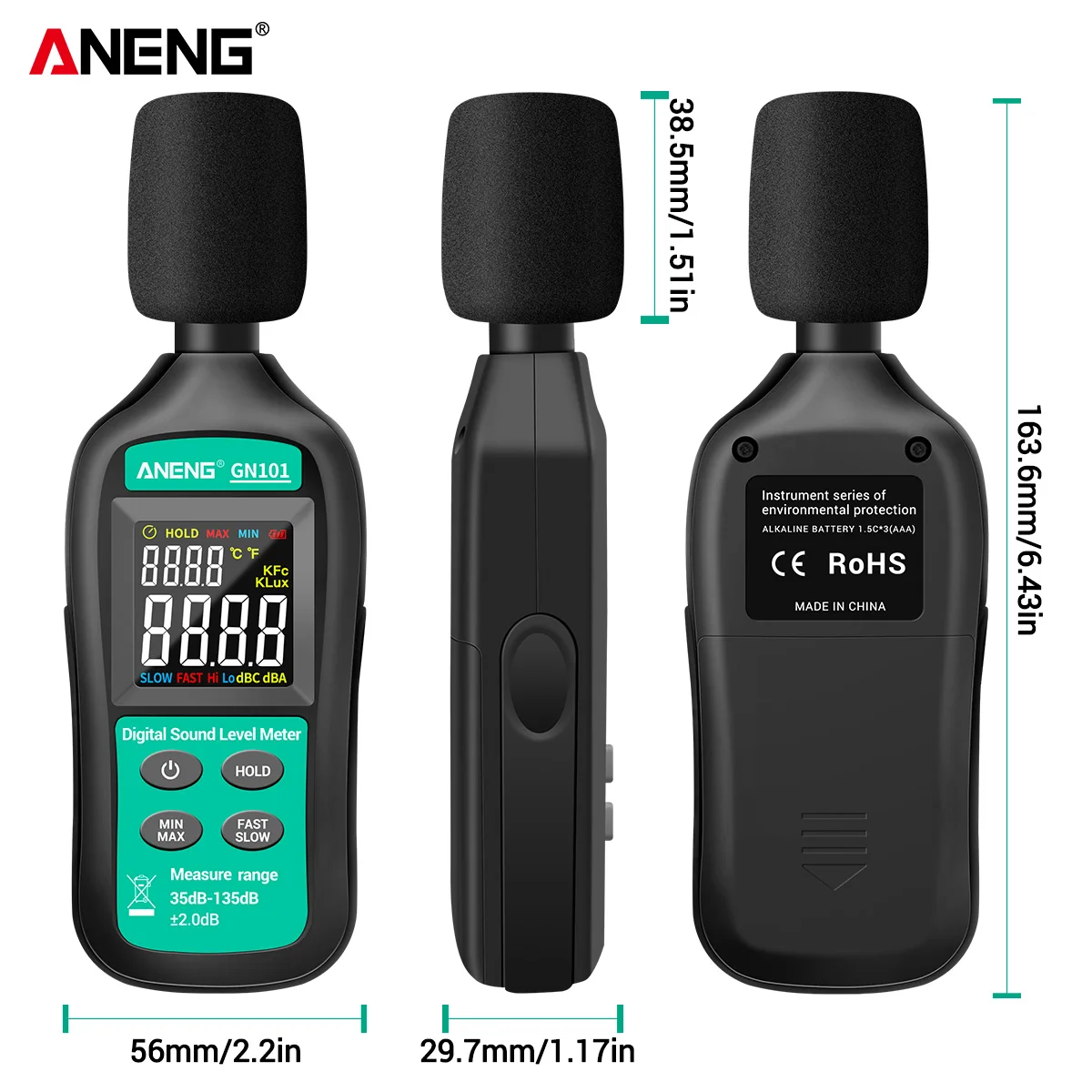 ANENG GN101 цифровой измеритель шума измерения 35-135 дБ интеллигентая (ый) уровня звука децибел монитор регистратор диагностический