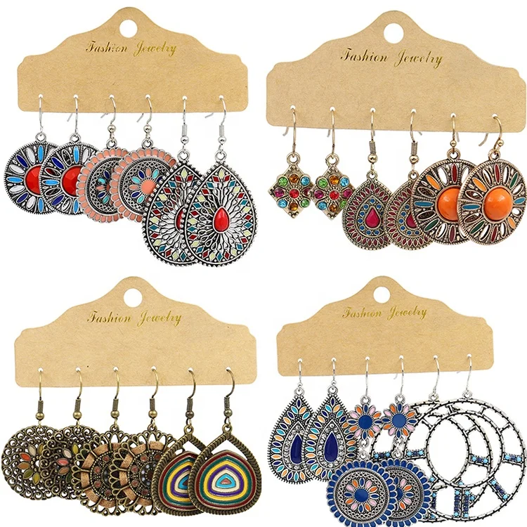 Vintage Boho Antique Gold Silver Plated Water Drop Hoop Pendant Women Rhinestone Enamel Statement Bohemian Earring Set Jewelry