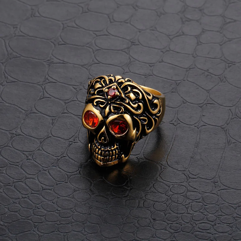 KALEN Vintage Gold Skeleton Head Stainless Steel Red Zircon Men Finger Ring