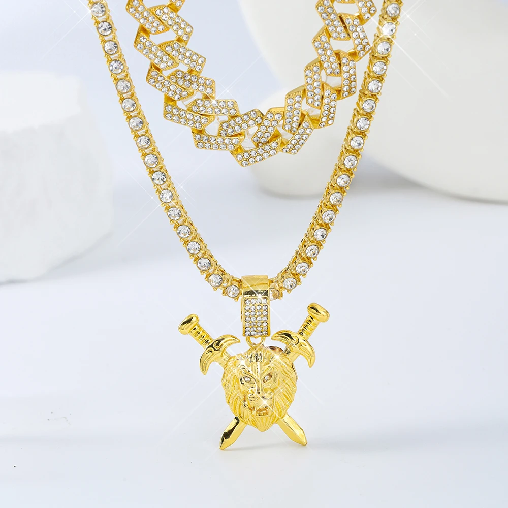Hot selling fashion hiphop diamond inlaid Cuban chain double sword lion head zinc alloy pendant necklace