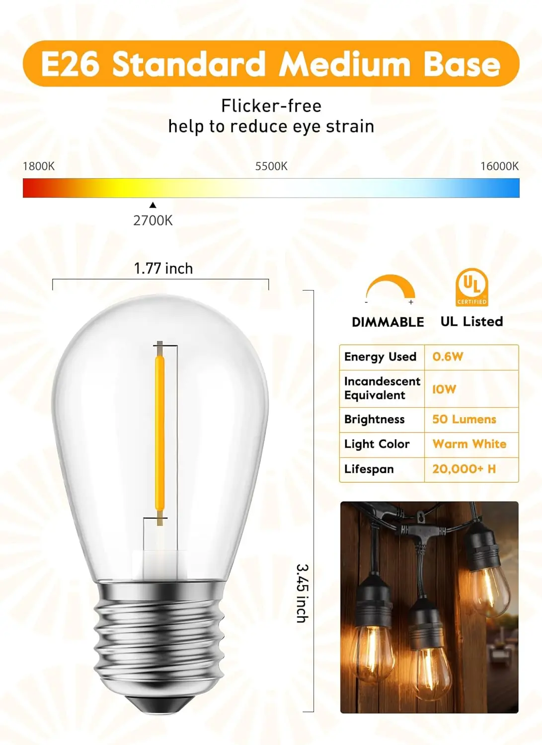 Shatterproof E26 Medium Base Edison Vintage LED S14 Replacement Light Bulbs