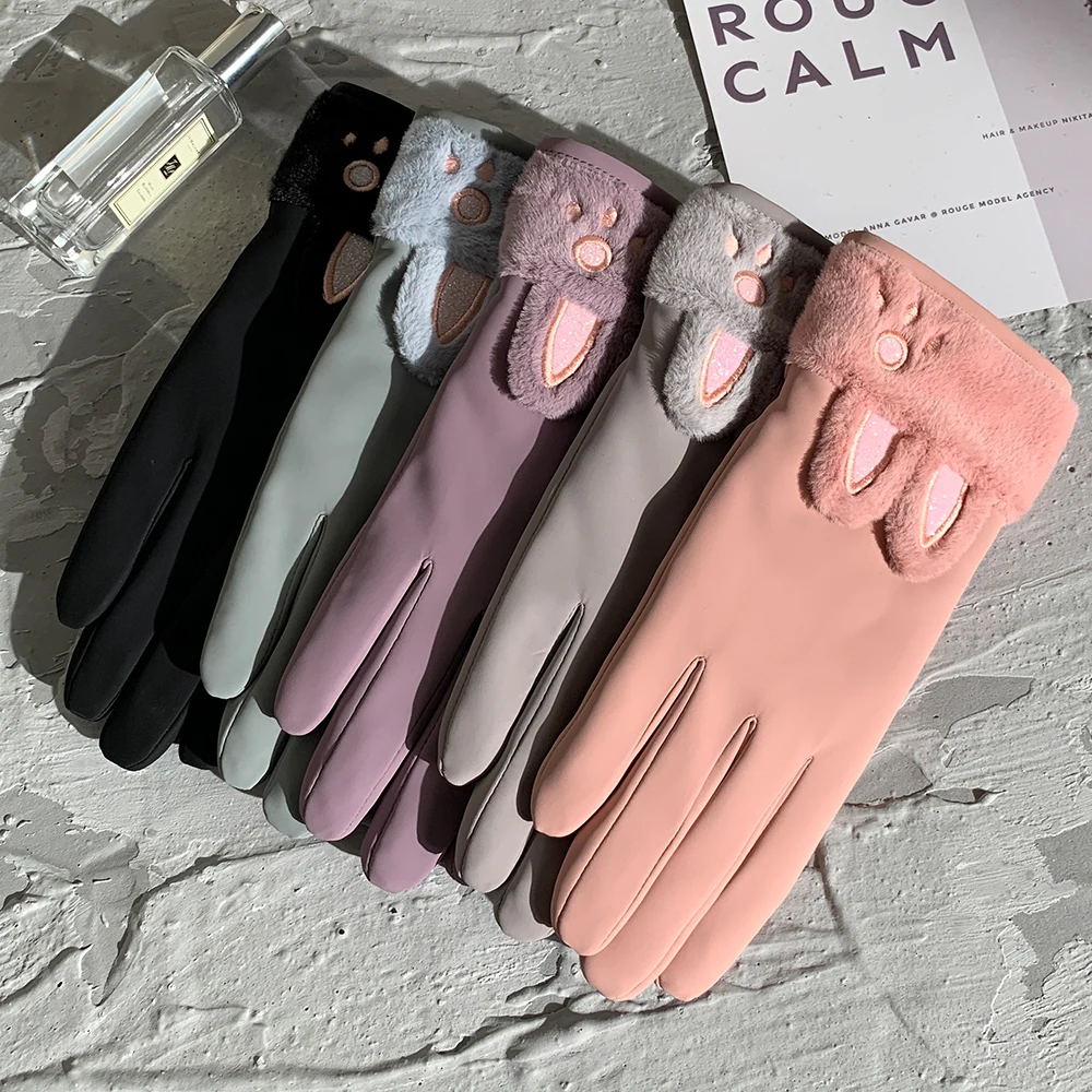 Осенне-зимние женские теплые перчатки для сенсорного экрана с милым медведем