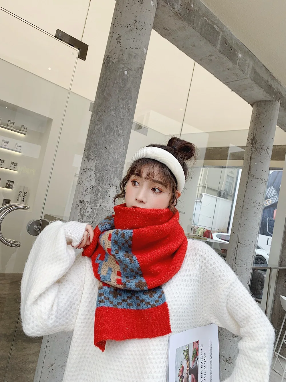 2021 autumn winter Korean new Christmas elk warm scarf women thickened long knitted