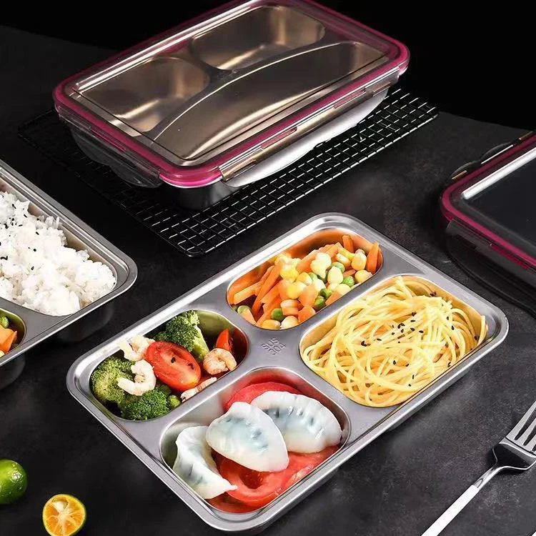 PP lids Leakproof 2/3/4 Compartment Divided Dinner Plates School Lunch Tray Stainless Steel Food Tray for Kids
