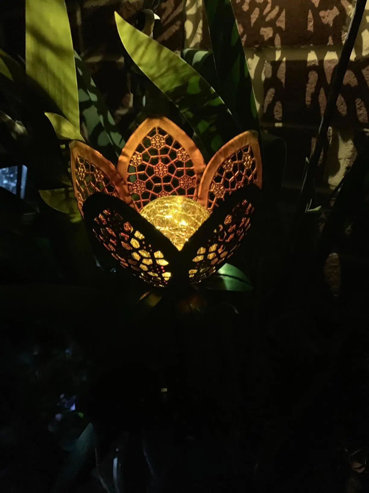 Solar powered Outdoor Pathway decorative yard Crackle Glass ball garden Hollow-Carved Metal Solar flower Stake Lights