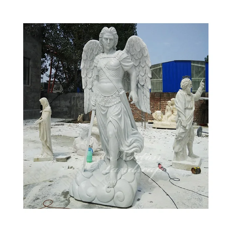 Custom outdoor life size stone carved Archangel St Michael statue white marble male angel sculpture for sale