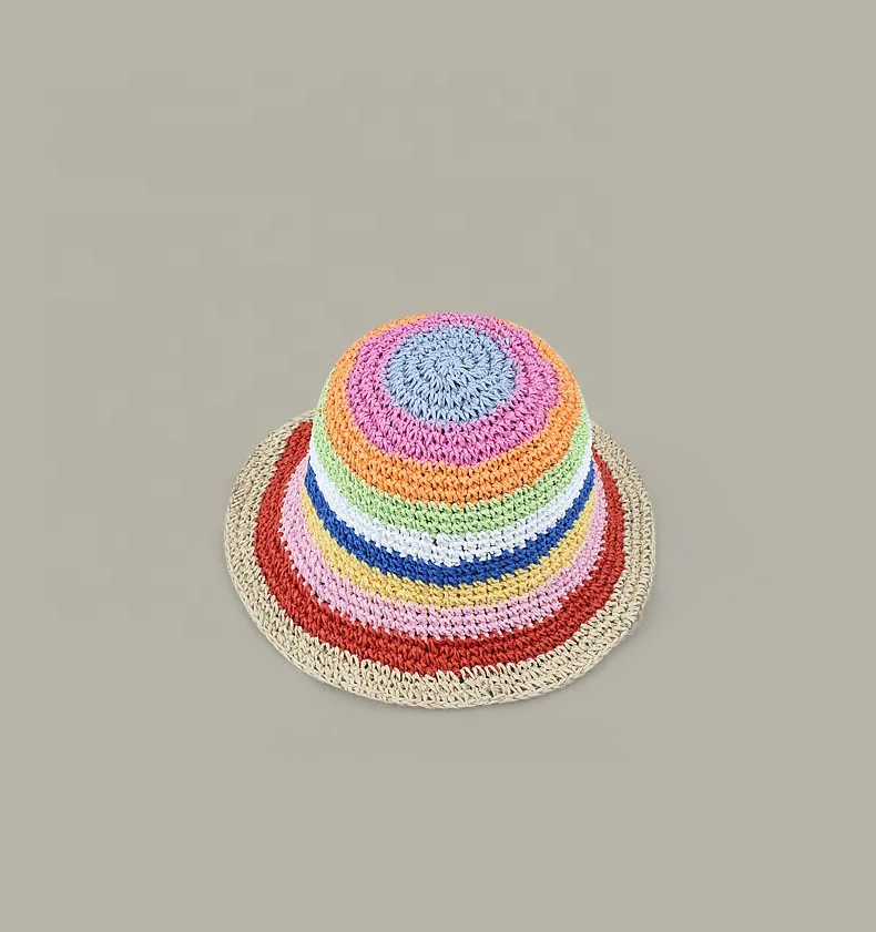 WD-A813  Colorful Handmade Crochet Raffia Bucket Visor Hat Folded Beach Sunscreen Straw Hats For Women