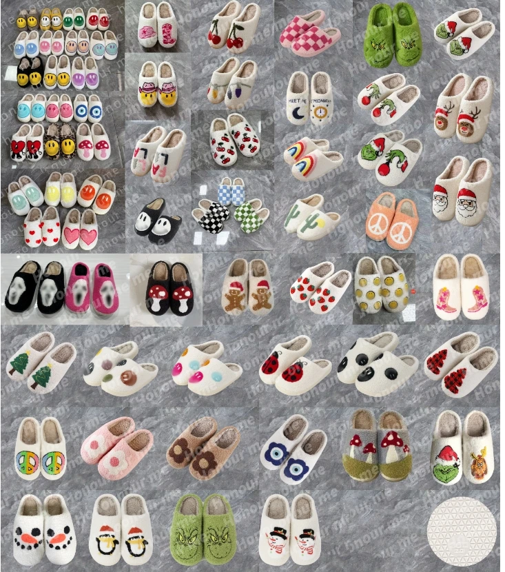 Christmas Wholesale Smile Face Pattern Slippers Women Winter Indoor Flat Warm Happy Face House Slides Cute Smile Slippers
