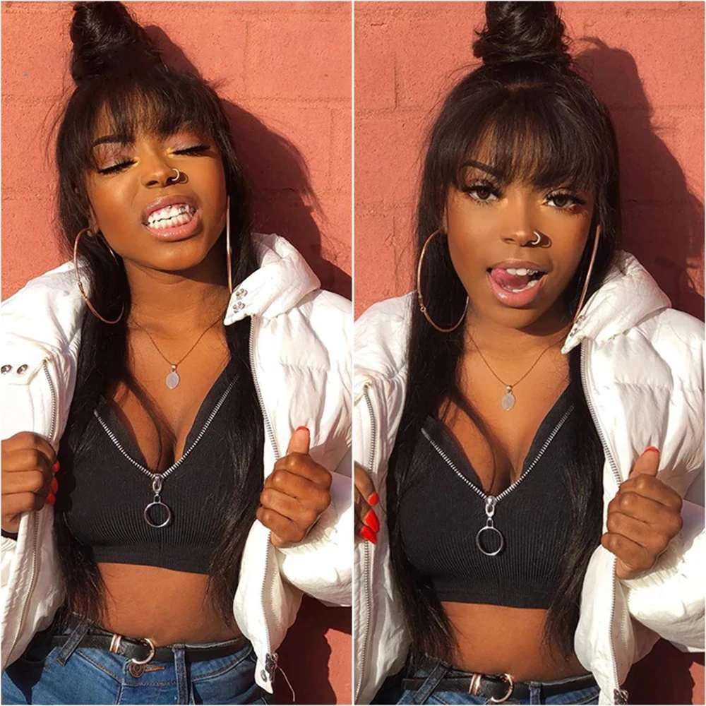 
150% Density Remy Brazilian Human Hair Straight Wigs Bone Straight Fringe Wig With Bangs For Black Women Natural Balck Wig Remy 
