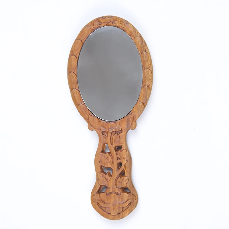 Portable Natural Wooden Engraving Patterns Handmade Portable Handle Round Cosmetic Mirror
