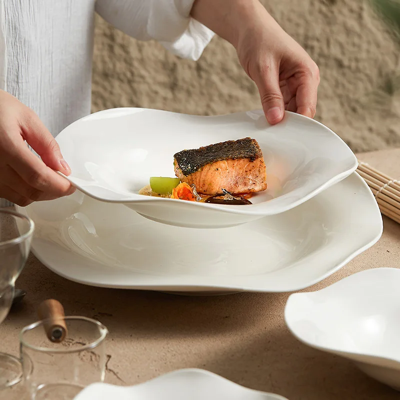 Restaurant Hotel Unique Irregular Rimmed White Diner Plates Porcelain Dessert Salad Dishes and Plates