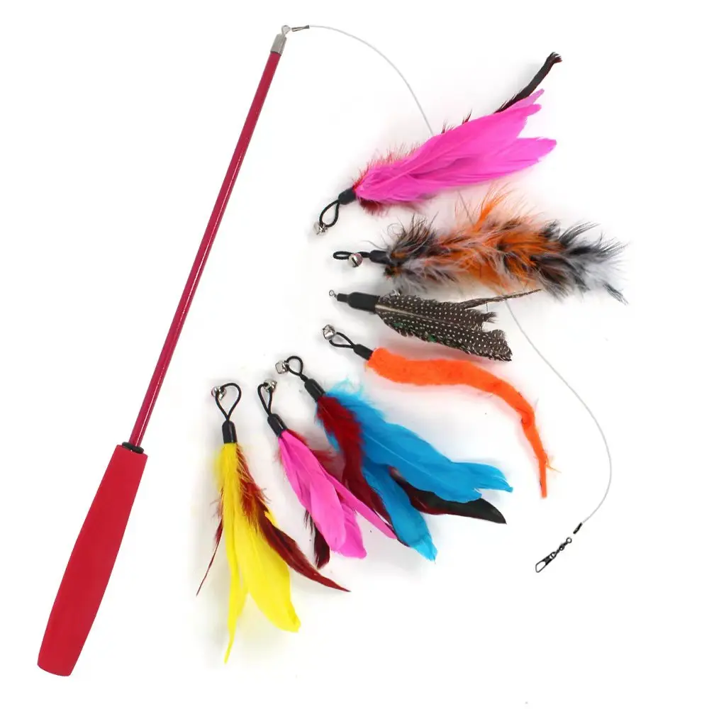 9 Piece Set Three Sections Fishing Rod Colorful Feather Caterpillar Cat-teasing Stick cat toys