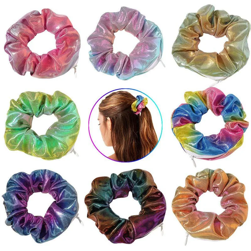 Customize Women Iridescent Pony Tail Hair Bands Shiny Soft Colorful Fabric Pocket Zipper Tie Dye Scrunchie