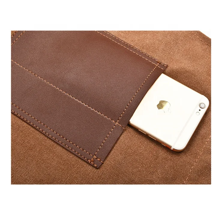 New canvas apron logo leather shoulder strap with leather pocket barber apron for men wear-resistant grill apron for men