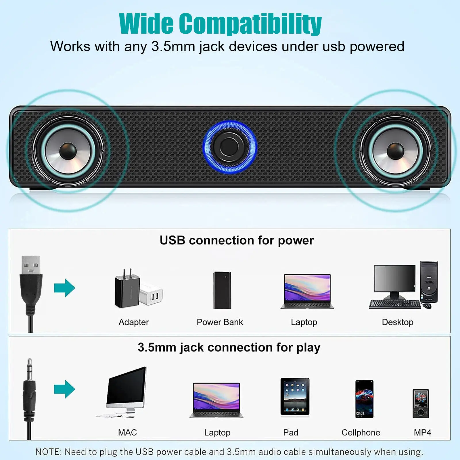 USB Wired Powerful Computer Speaker Bar Stereo Subwoofer Bass Speaker Surround Sound Box For PC Laptop Phone Tablet MP4
