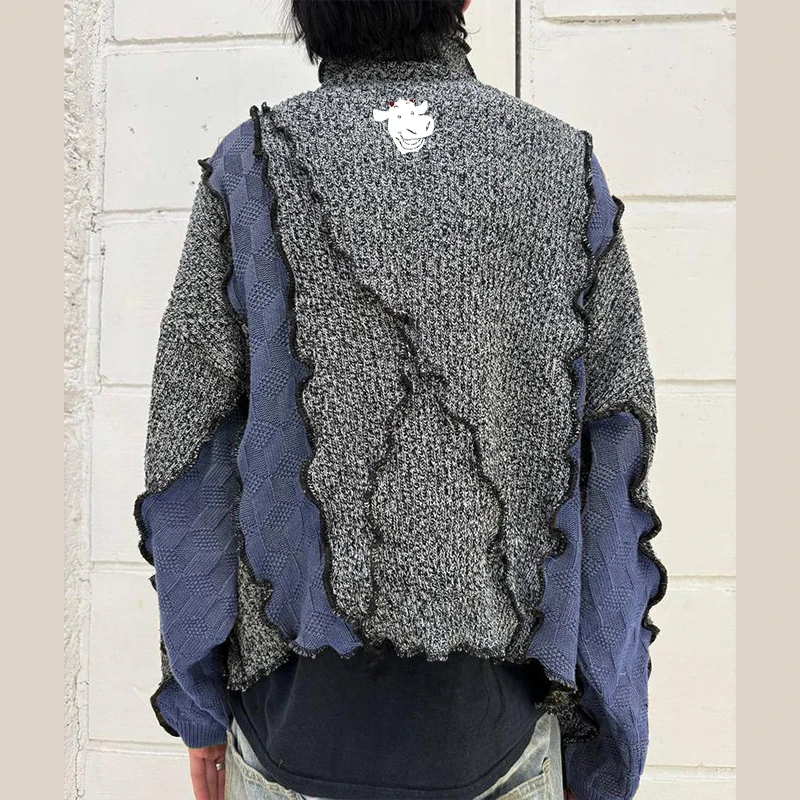 DIZNEW Custom high neck patchwork men sweater Oversized luxury brand sweater custom logo
