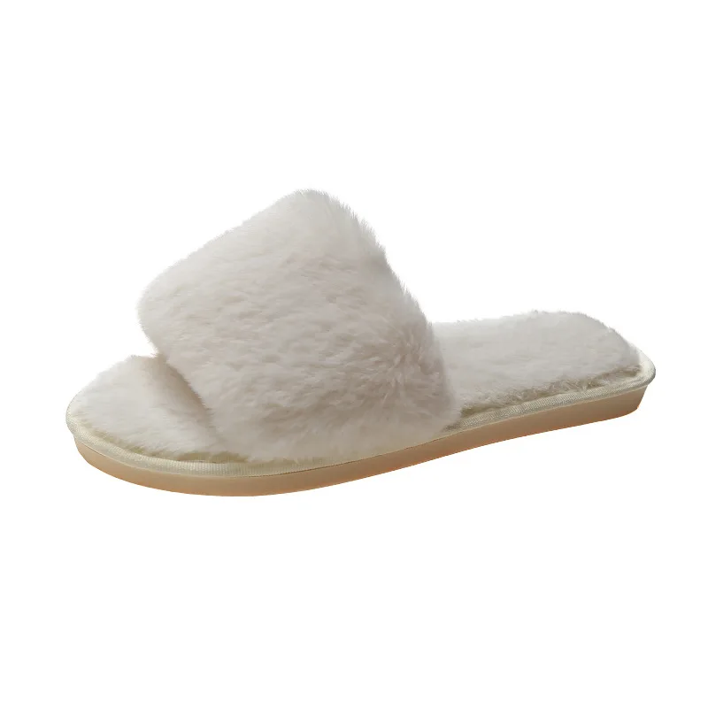 Fashionable Soft Plush Furry Slides Open-Toe Imitated Faux Fur Flat Sandals for Indoor Outdoor Use Shaggy Slippers for Women