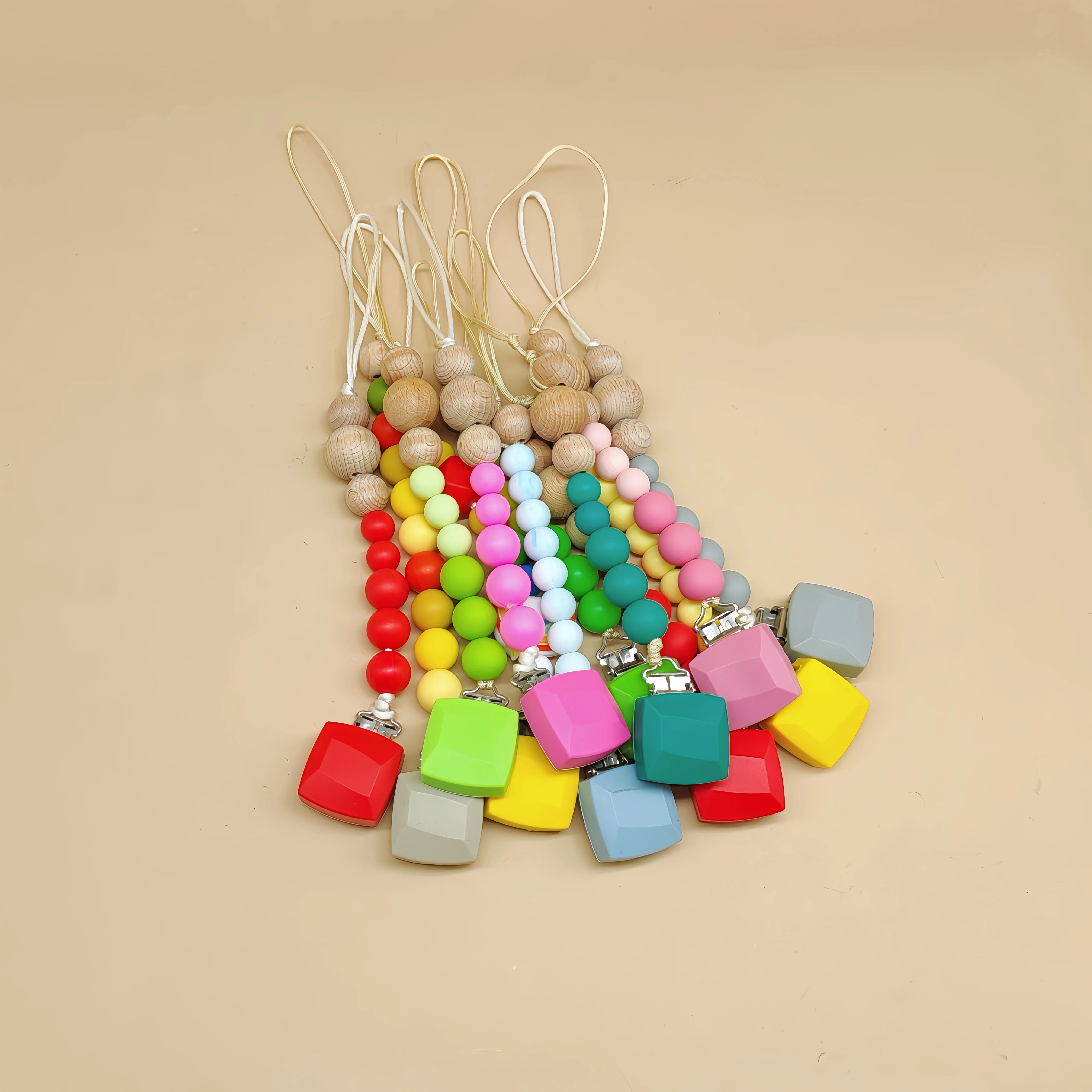 Wholesale Baby Teething Chain strap Custom Logo baby silicone wooden beads pacifiers dummy holder clip